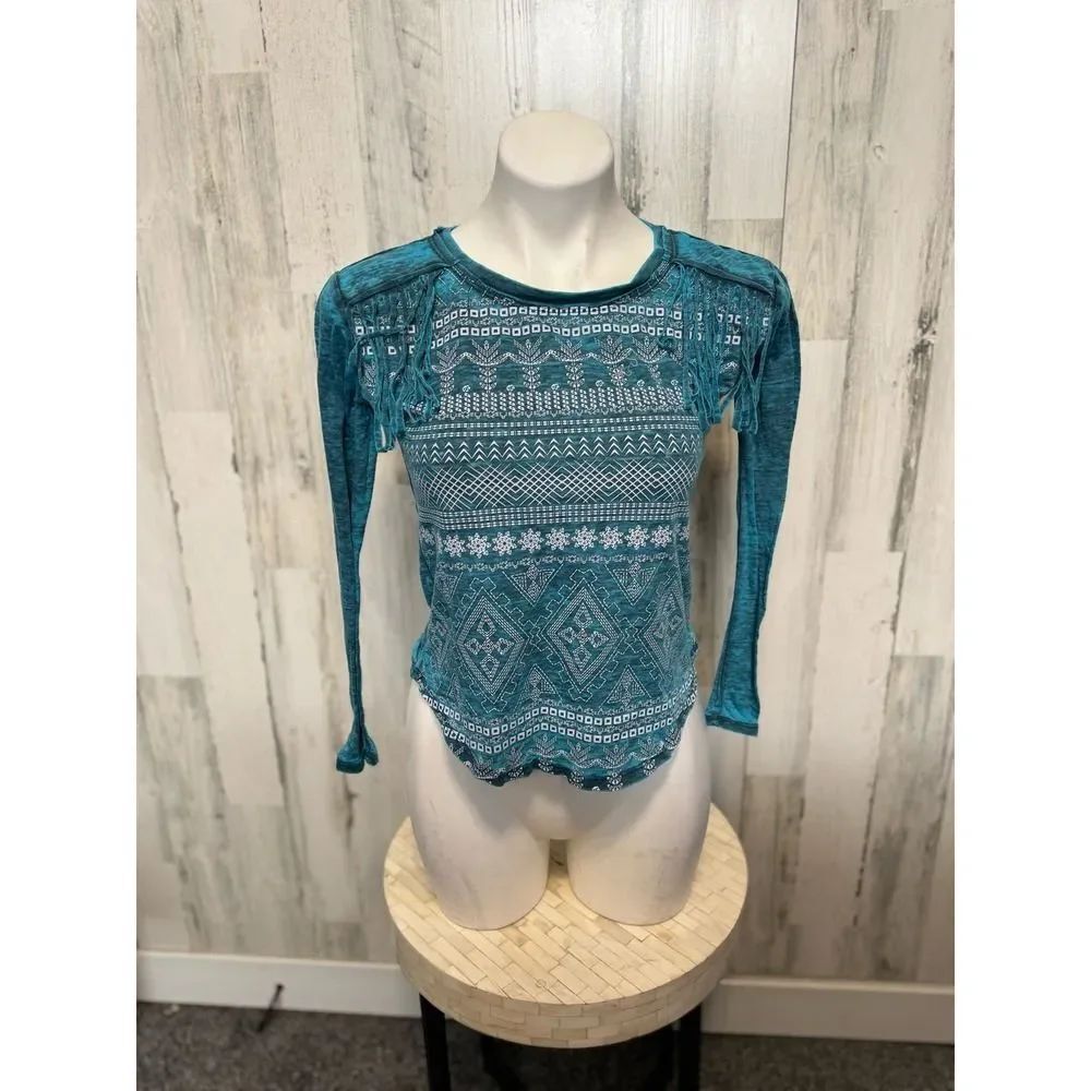 Xhilaration Teal Blue Geometric Fringe Top Girls Size Large L 10/12 Long Sleeve